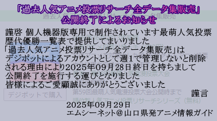 「過去人気アニメ投票リサーチ全データ集販売」公開終了によるお知らせ